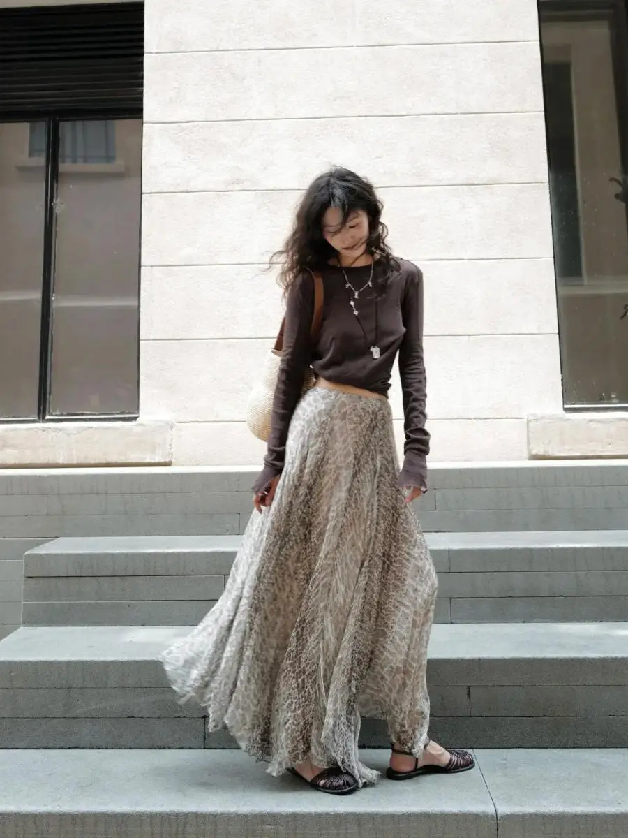 Spring  Style Leopard Print Chiffon Slim Fit Long Sleeve T-Shirt Women's  Color Comfortable Half Skirt