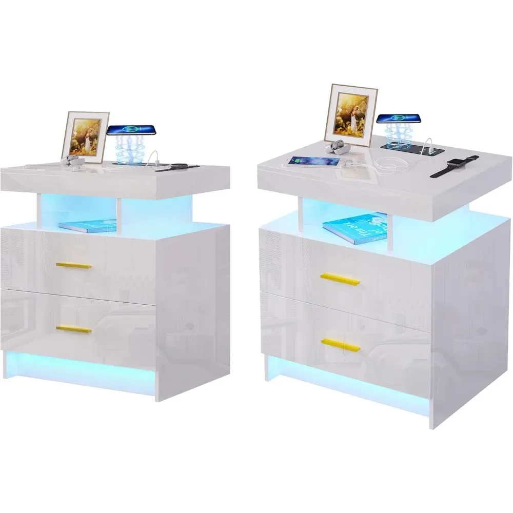 LED Nightstands Set of 2,Modern Bedside Table with 2 Ports & Wireless Charging Station,High Gloss Bedside Tables with 2 Drawers