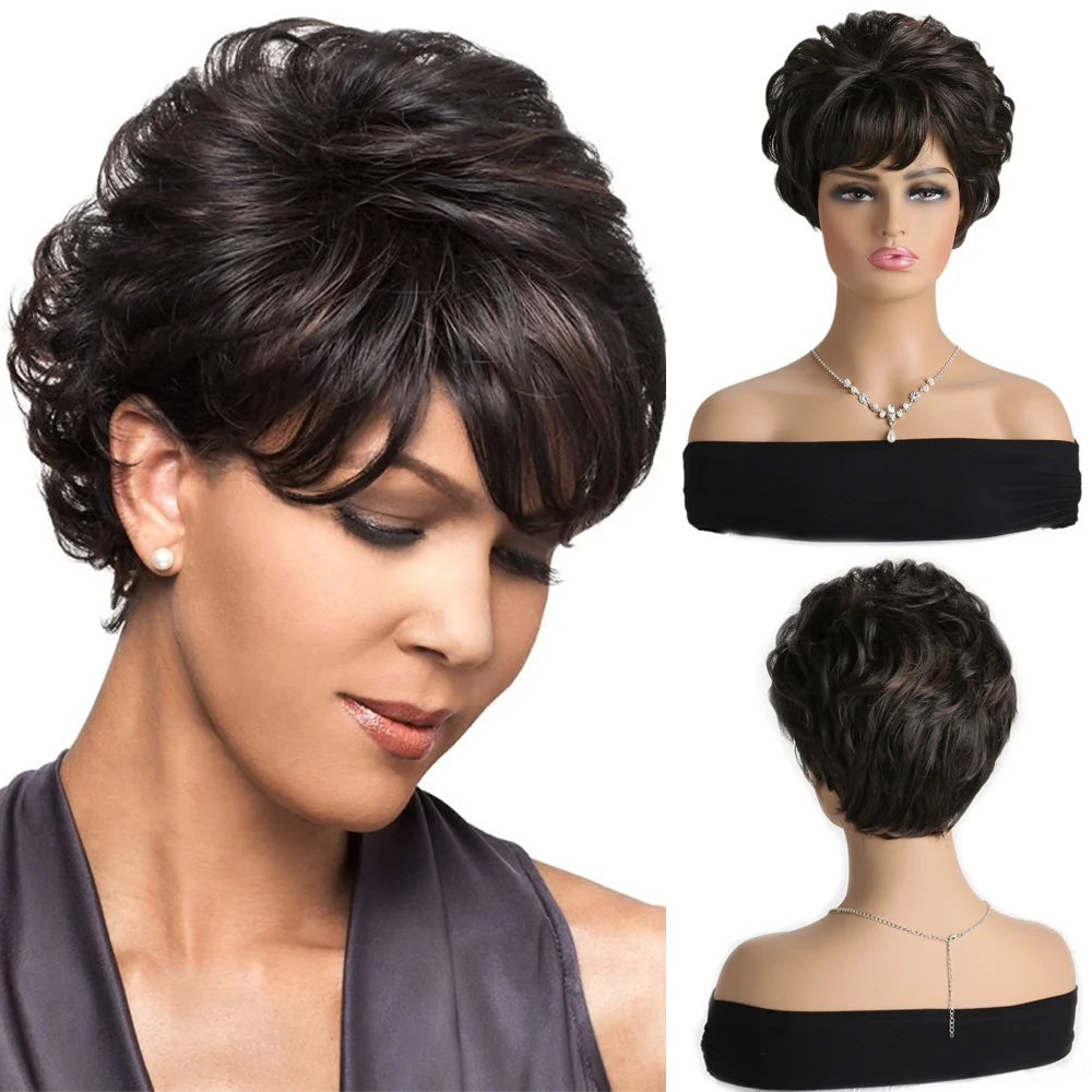 

Короткий кудрявый синтетический парик с челкой для женщин, пушистый, термостойкий, коричнево-черный, для модных образов, косплея, повседневной носки, вечеринок, костюмов