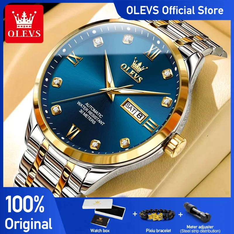 OLEVS Men's Watches Business Dress Automatic Mechanical Wristwatch Waterproof Luminous Watch for Man Date Diamond Scale Simple