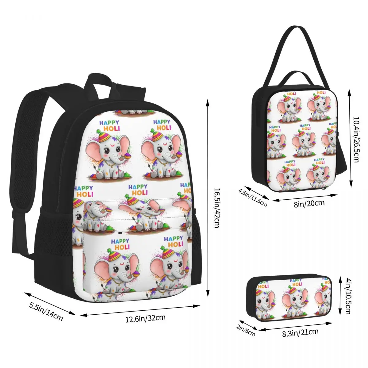 Happy Holi Festival India Color Elephant Backpacks Bookbag School Bags Children Rucksack Lunch Bag Pen Bag Three-Piece Set