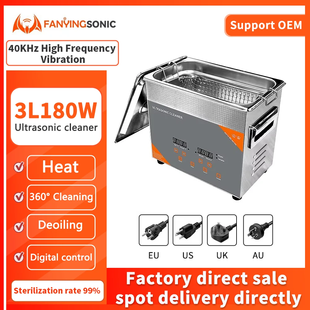 FanYing 3L 180W Ultrasonic Cleaner With Heater Timer Degas 40khz Wash Jewelry Ring Oil Rust Removal Surgical Clinic Dental Tool