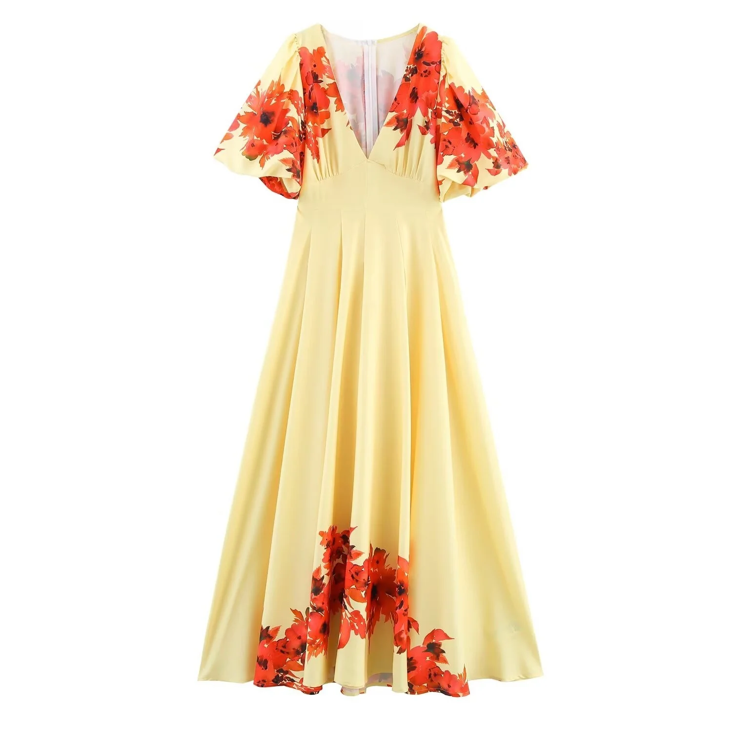 

BM&MD&ZA Womens Casual Loose Elegant V - neck Short - Sleeved Puff - Sleeved Mid - length Printed Dress with Waist - cinching