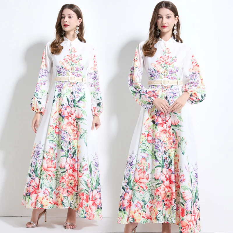 

2025 Vacation Style Watercolor Floral Linen Print Lantern Sleeve Waist-Defining Full Skirt Ruffled Dress A001