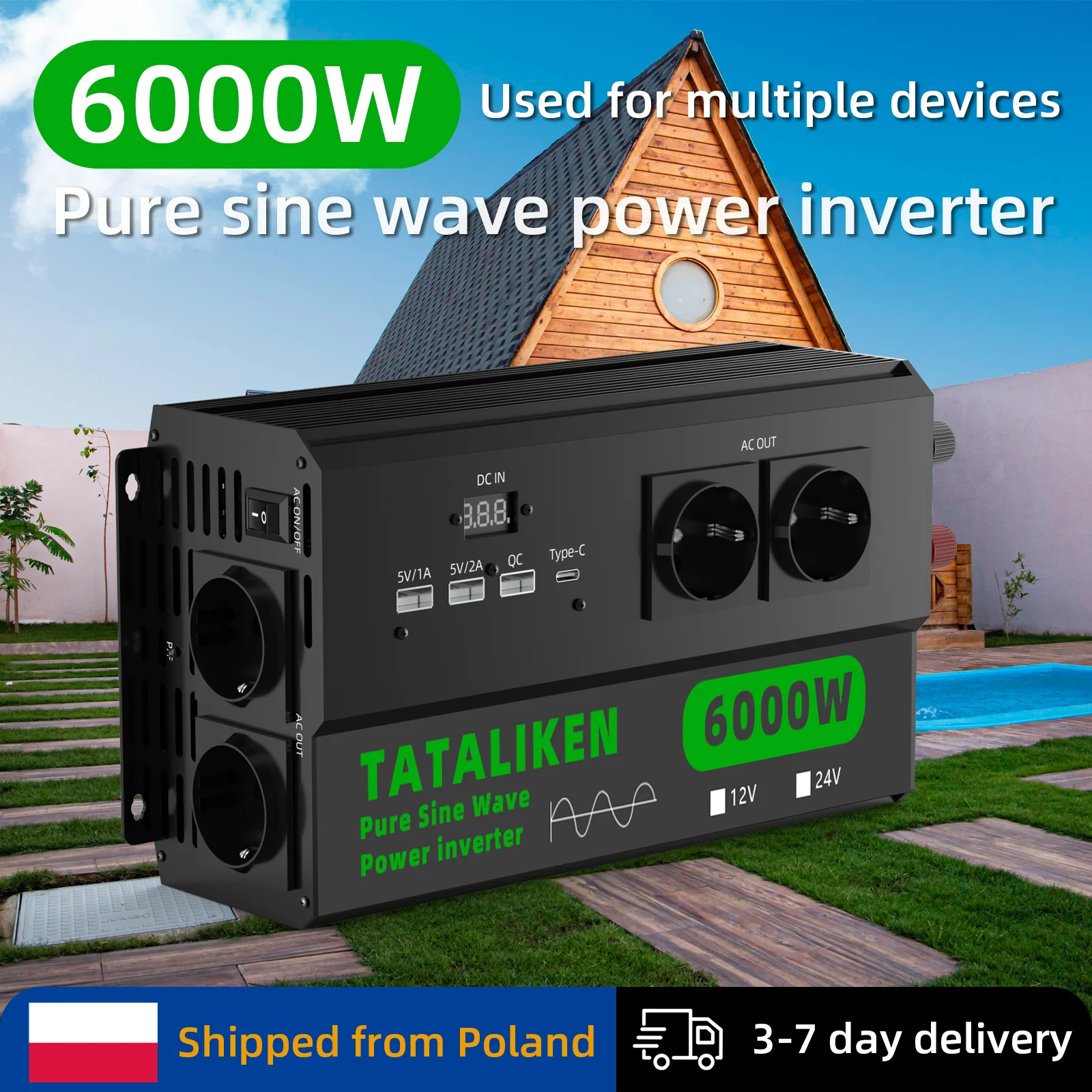 Convertisseur d'ondes sinusoïdales pures 4000W-6000W, DC 12V vers AC 220V 50Hz, 4 prises EU Schuko, affichage numérique et ventilateur à thermostat automatique pour voiture
