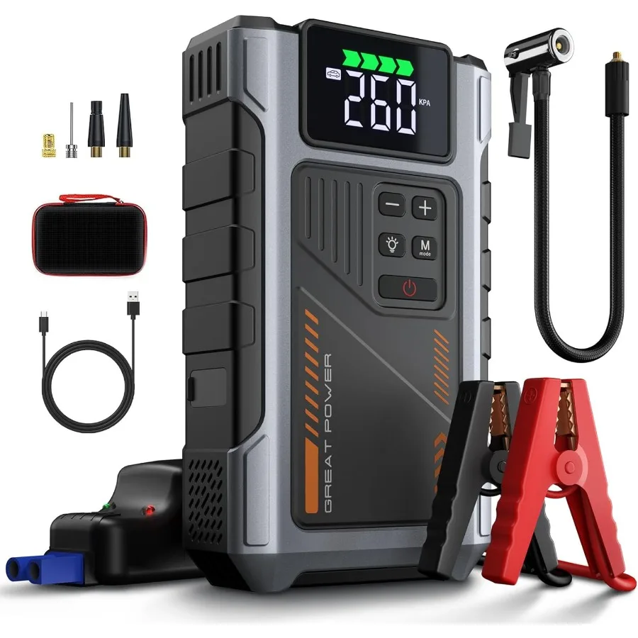 

Портативный стартер с воздушным компрессором 4500A Peak и накачивателем шин 150PSI для автомобильного аккумулятора 12 В Компактный усилитель мощности Su