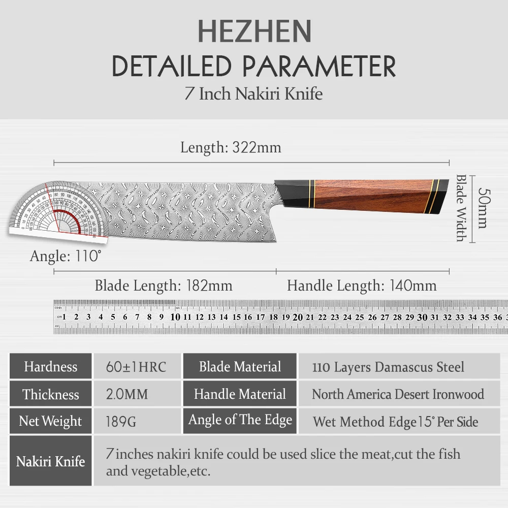 HEZHEN 7Inches Nakiri  Knife Professional 110 Layers Damascus Steel North America Iornwood Handle Kitchen Cooking Knives