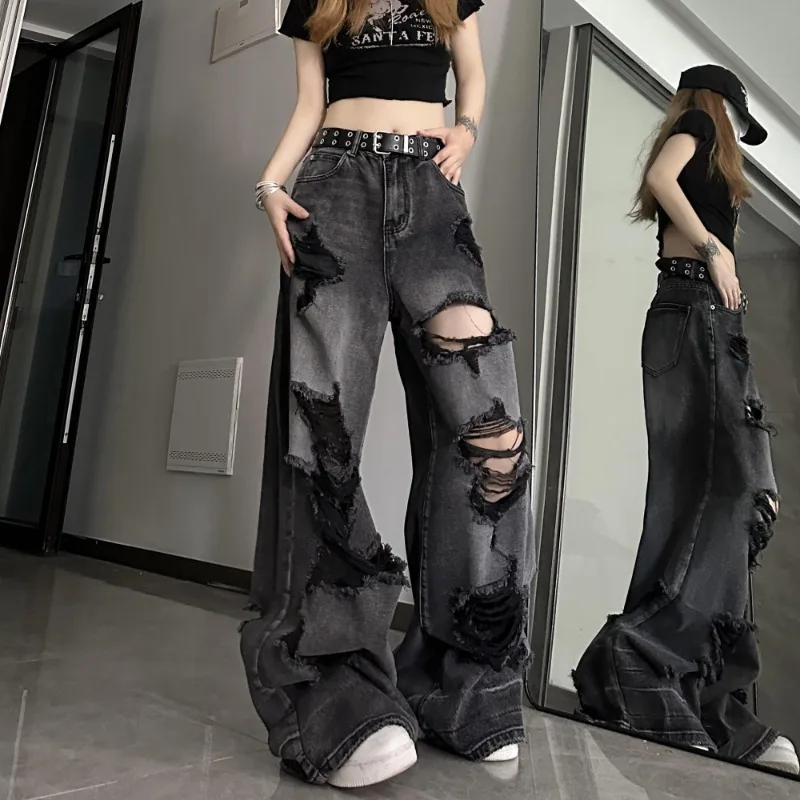 MiiiiX American High Street Ripped Jeans Women Wide-leg Pants 2024 Summer New Loose Slim Casual Washed Distressed Long Trousers