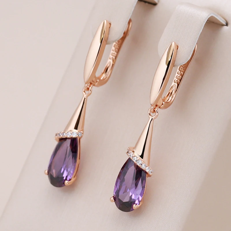 Kinel Fashion 585 Rose Gold Long Earrings for Women Water Drop Purple Natural Zircon Dangle Earring Fine Jewelry Crystal Gift