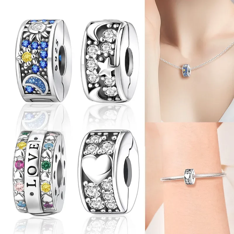 

Серебро S925, сверкающая луна, звезда, сердце, радуга, цветной защитный зажим, подходит для браслета Pandora Diy, Изящные Ювелирные изделия, подарок для женщин