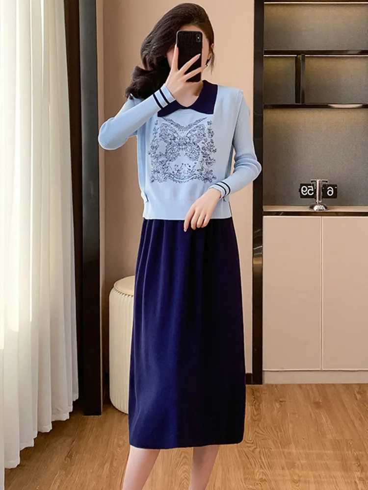 

Women Knitted 2-piece Jacquard Embroidery Waistcoat + Knit Dress Set French Design Sense Slim Suit Simple Knitwear Dress Outfit
