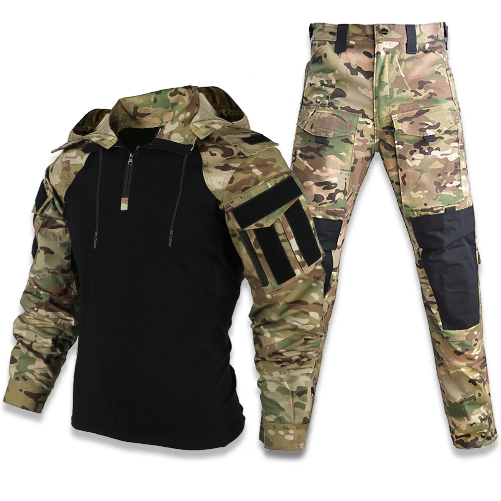 Military Tactical Disguise Shirt Hunting Air Gun Shooting Multi Pocket Work Suit Army Combat Knee Protection Pants Set