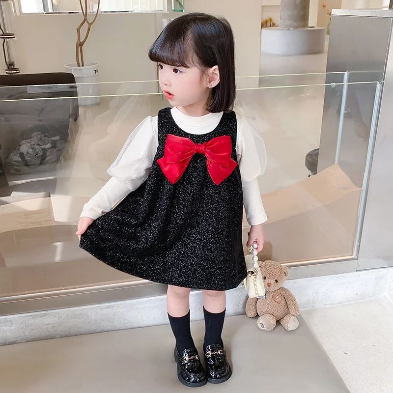 

Girls /Boys Suit Sweatshirts +Dress Cotton 2Pcs/Sets 2022 Bow Spring Autumn Thicken Teenager Warm Kid Outdoor Children Clothing