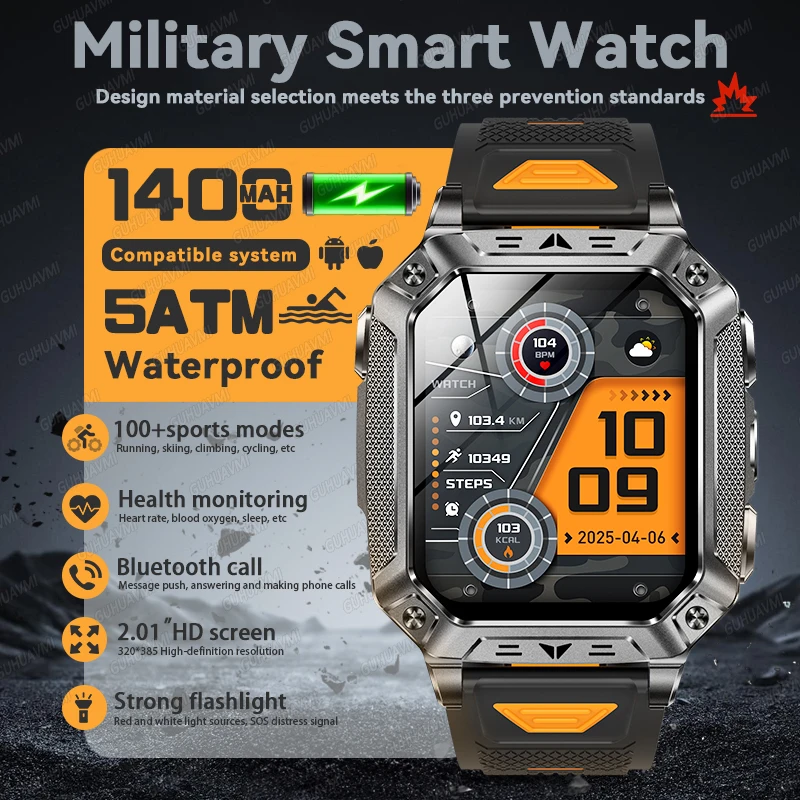 

GUHUAVMI New 1400mAh Military Sports SmartWatch Health Monitor LED Flashlight 5ATM Waterproof Bluetooth Call Smartwatchs For Men
