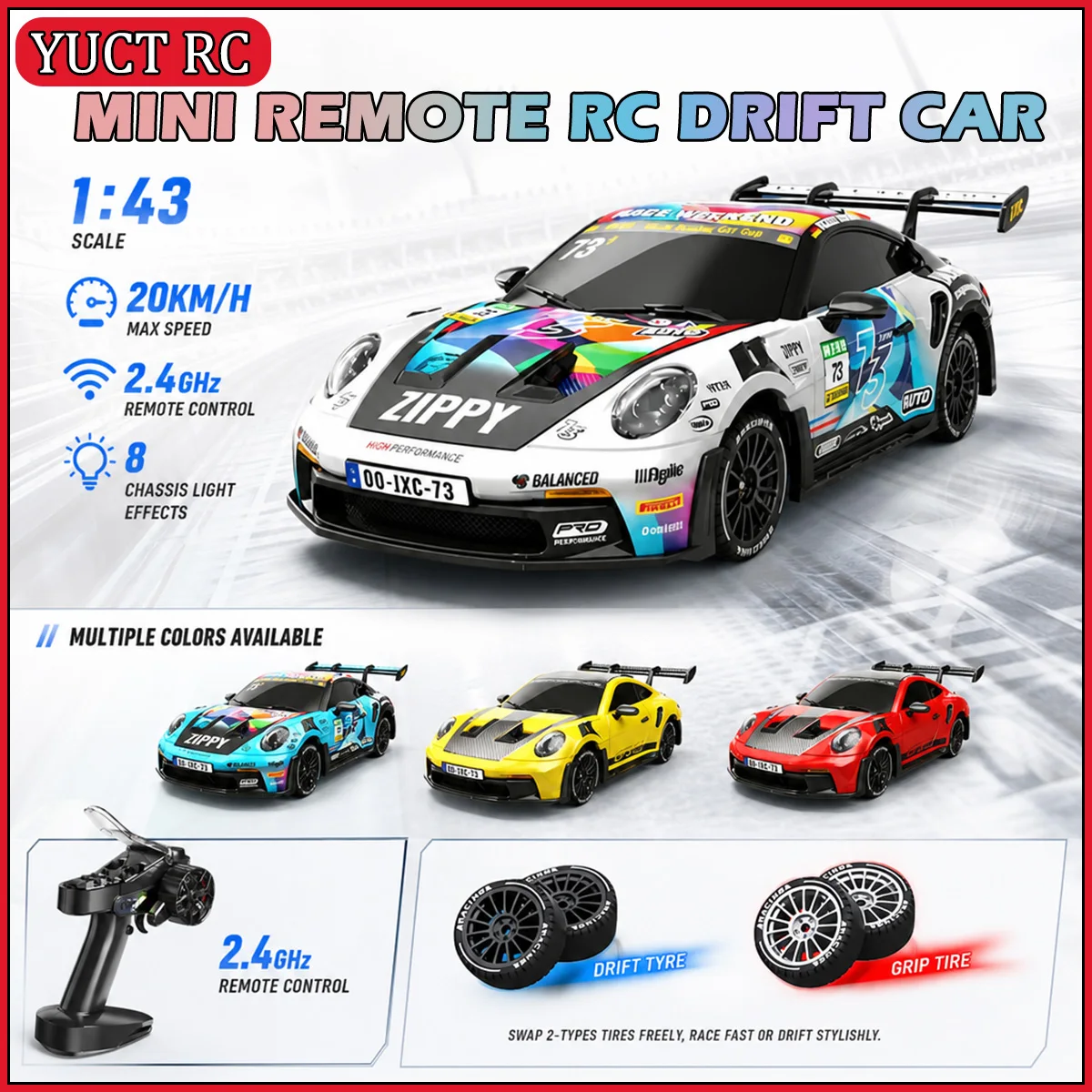 JXC PO4302 1:43 High Speed 4WD RC Drift Car 2.4G 20KM/H Full Proportional Throttle 8 Colors LED Light Mini Racing Toy Model Gift