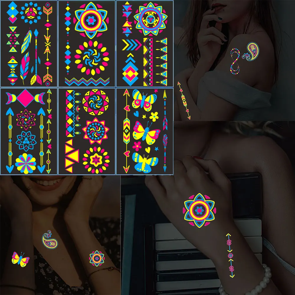 

Fluorescent Tattoo Stickers for Women Face Body Art Waterproof Leaf Butterfly Pattern Temporary Tattoos for Music Party