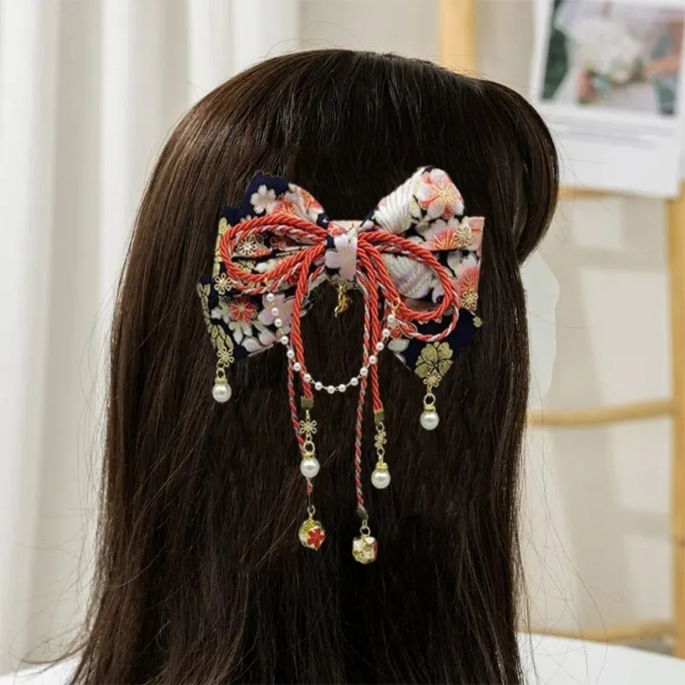 Horquilla con lazo de Sakura de estilo japonés con personalidad, pasadores tipo kimono con borlas Retro, accesorios para el cabello, tocado, pinza para el pelo con lazo para mujer