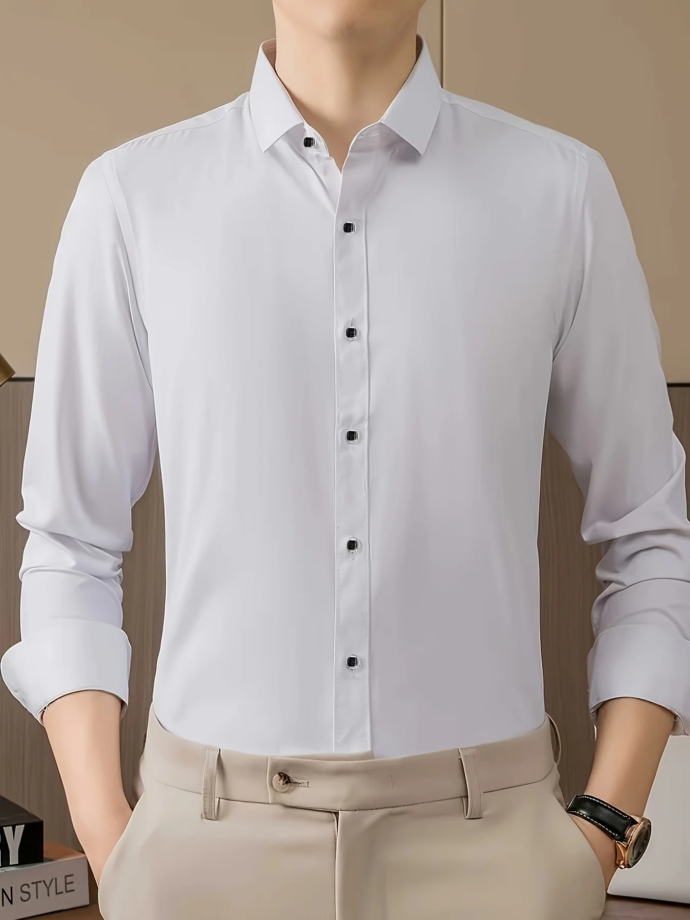 Lutuo Herbst und Winter Weißes Hemd Herren Langarm Business Formelles Hemd Herren Hochzeit Bräutigam Knitterarm Hemd