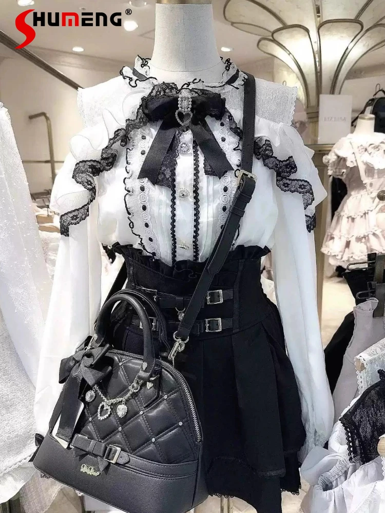 

Japanese Mines Style Mass-Produced Lolita Girl's Shirts Lace Bow Off-Shoulder Long Sleeve Heart Button Sweet Blouses Tops Women