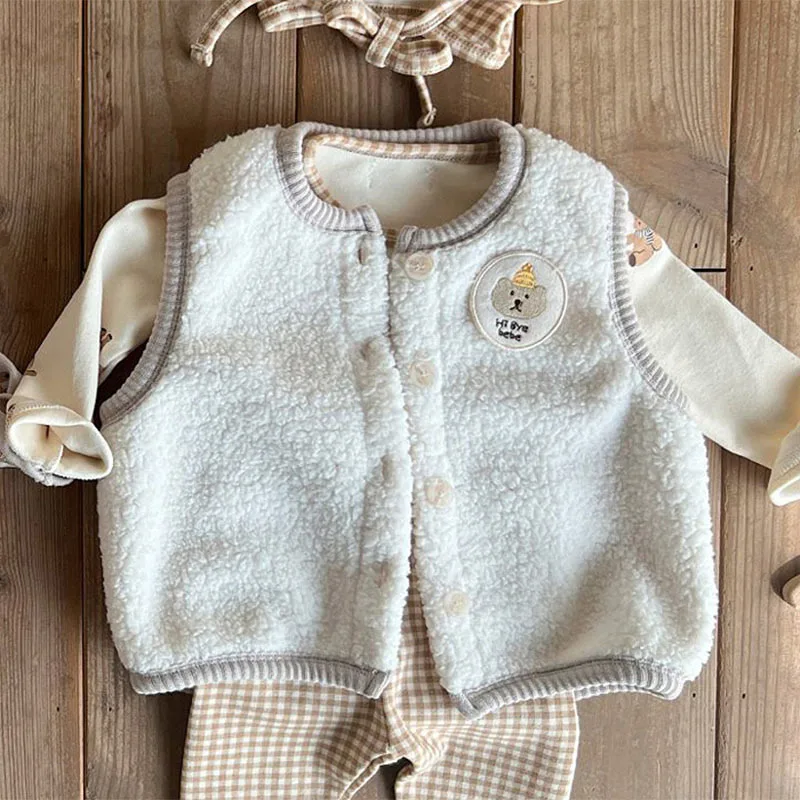 

2025 Winter New Baby Cute Lamb Fleece Vest Jacket Plus Velvet Thick Infant Girl Sleeveless Warm Coat Toddler Boys Vest Cardigan