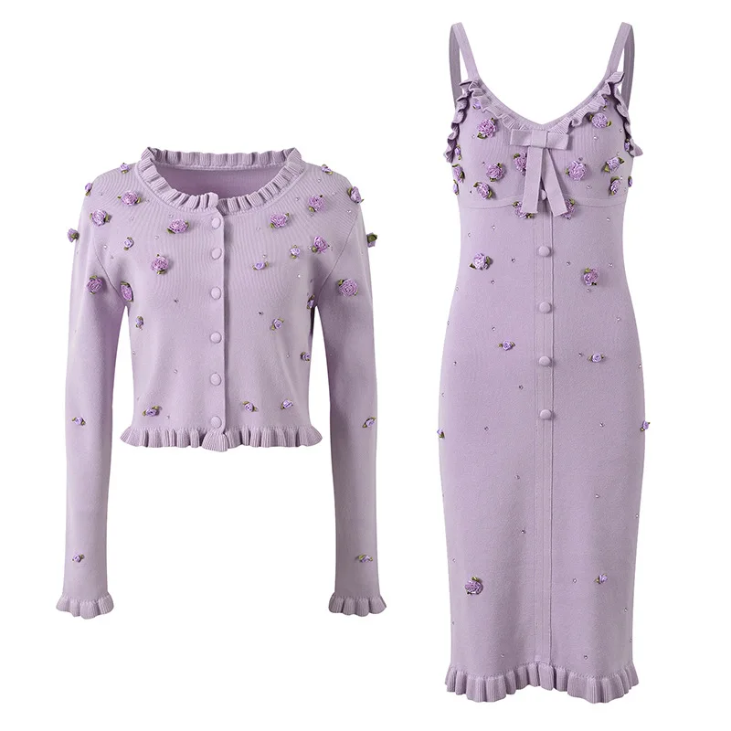 3D Flowers Knitted Dress Sets Lace Trim Single Breasted Cardigan Bow Slim Slip Dresses Spring Elegant Party Women's Clothing Set