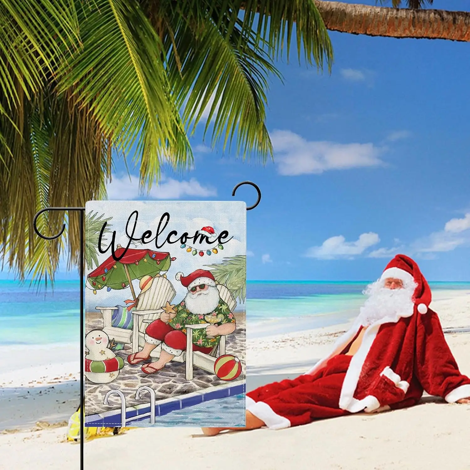 Christmas Santa Pool Garden Flag Double Sided, July Tropical Coastal Sea | Ocean Decorative Yard Outdoor Home Small Decor, S uui