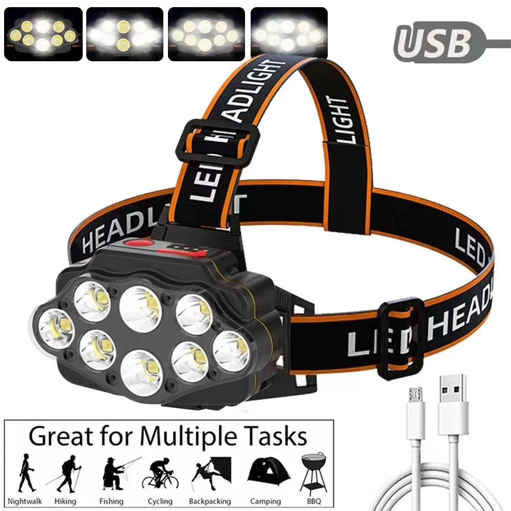 8LED ไฟฉายหัวที่มีประสิทธิภาพ USB ชาร์จโคมไฟหัวสว่างสูง 2400mAh Camping ค้นหาแสงสําหรับเดินป่าตั้งแคมป์กลางแจ้ง