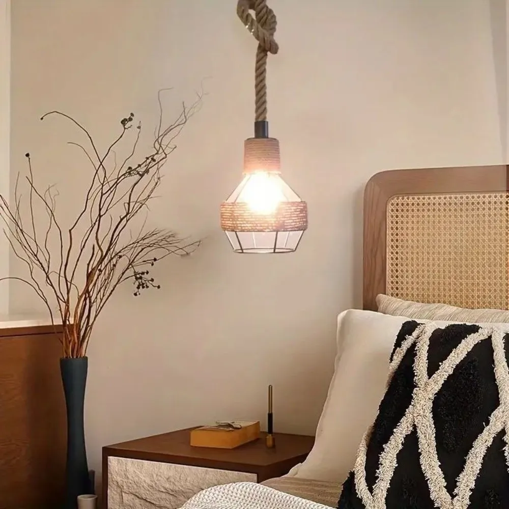 Creative Retro Hemp Rope Pendant Lights Iron Industrial Style Woven Hemp Rope Chandelier Woven Design Cafe Lighting Bedroom