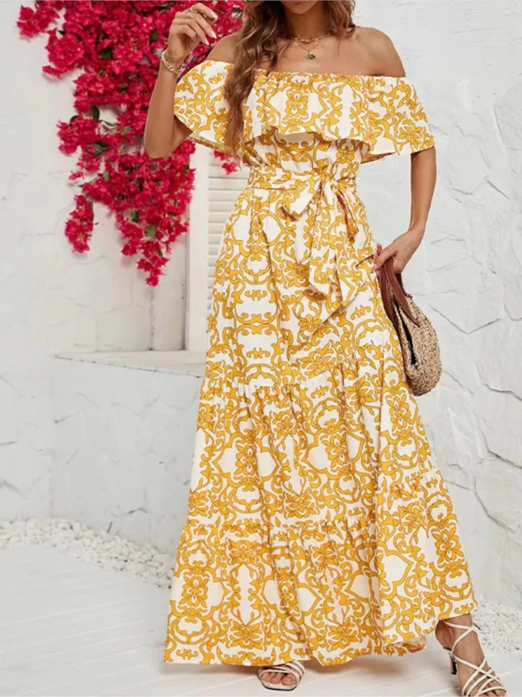 

Fashion Print Dress For Women Casual Ruffles Short Sleeve Slash Neck Loose Dresses Lady Holiday Beach Skirt Womens Clothing Boho