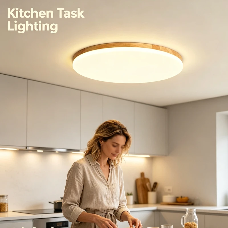 Round Led Ceiling Lamp With Light Oak Wood Frame And Soft Diffused Light For Bedroom Living Room Use