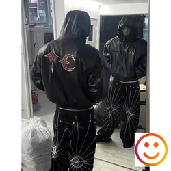 Cardigan Zipper Leather Thug Club Metal Logo Hooded Jacket Women Men Thicken Unisex Outoor Coat Back Embroidery Red Label Tag