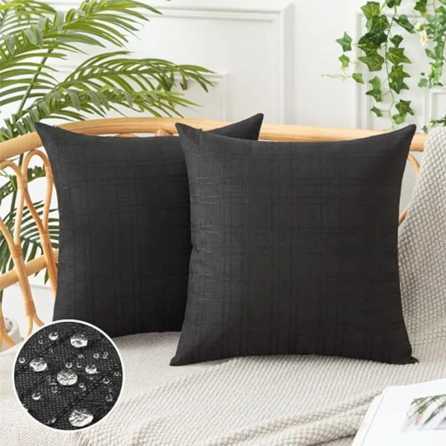 

UGASA Outdoor Throw Pillow Covers Pack of 2 Plaid Texture Waterproof Farmhouse Linen Decorative Square Cushion Pillows Covers f