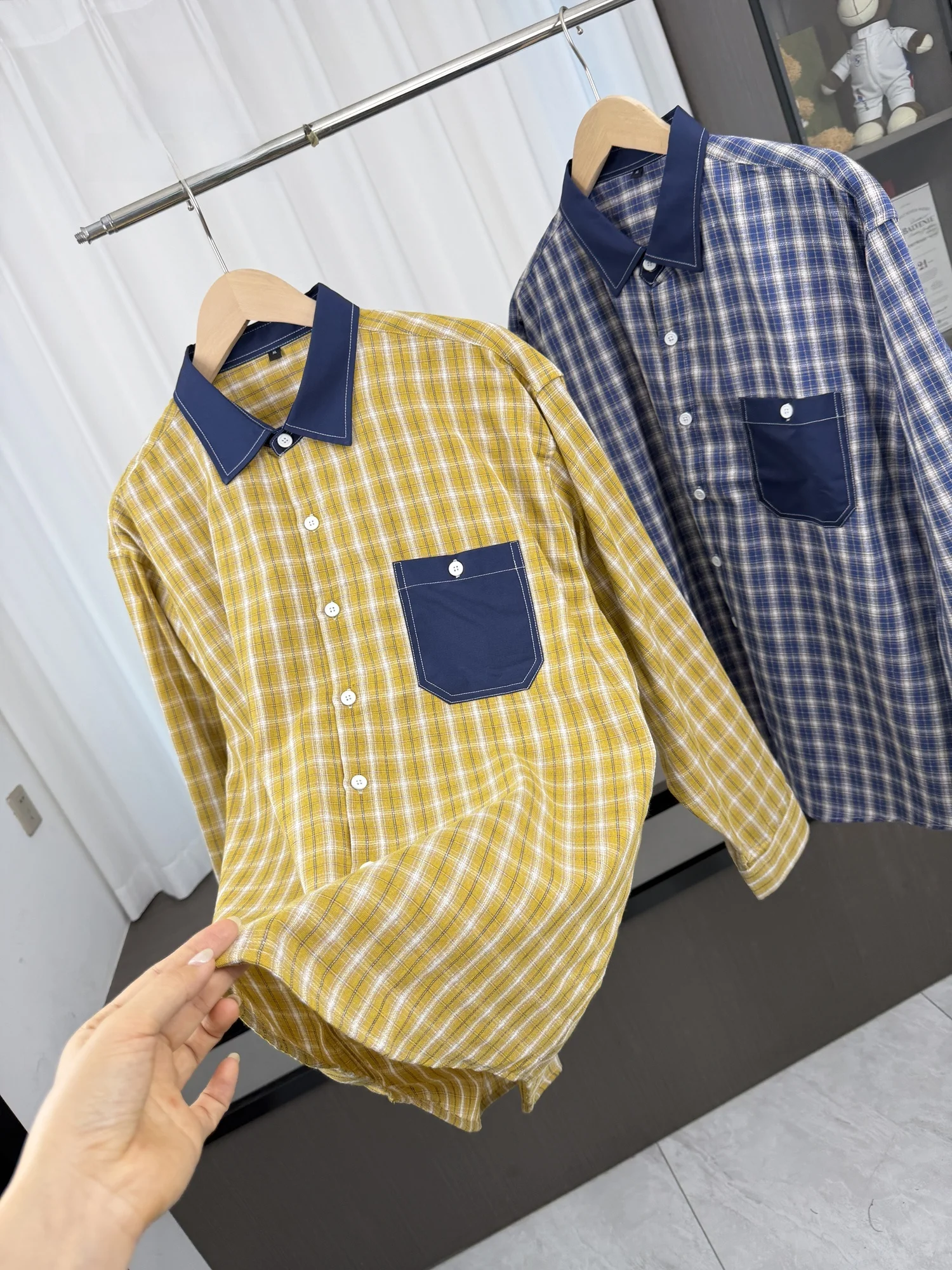  Plaid Long Sleeve Casual Shirt Coat for Men Color Block Collar Pocket Design American Style Autumn Outerwear