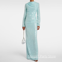 Shinny Sequined Prom Dress Customized Round Neck Long Sleeves Foor Length Simple Party Dresses Saudi Arabian Evening Gown