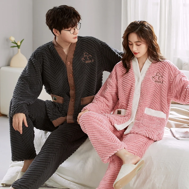 Japan Kimono Coral Fleece Pajamas Set for Couples Women and Men Matching Cardigan Sleepwear Young Girl Boy Pyjamas Mujer Hombre