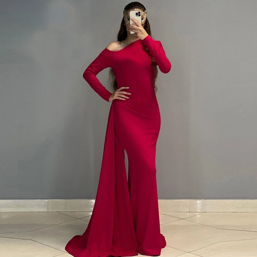 

Dark Red Strecth Satin Mermaid Evening Dresses Long Sleeves Overskirt Dubai Women Black Simple Formal Prom Dress