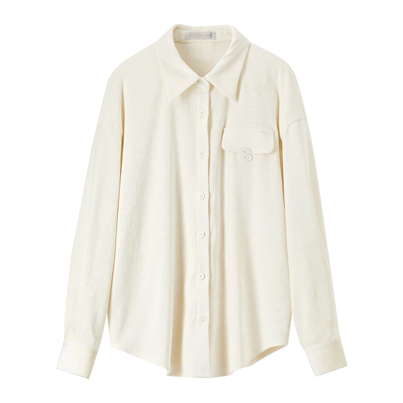 SENTUBILA Women's Upper Garment Corduroy Shirt Long Sleeve Buttons Turn Down Collar Warm Letter Embroidery Casual Coat 144C57426