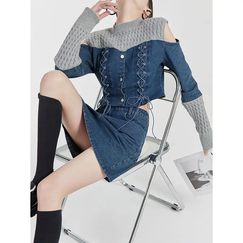 Women's New Sexy Fashionable Denim Suit Retro Knitted Spliced Off-shoulder Top Charming Stunning Short Skirt Two-piece Set