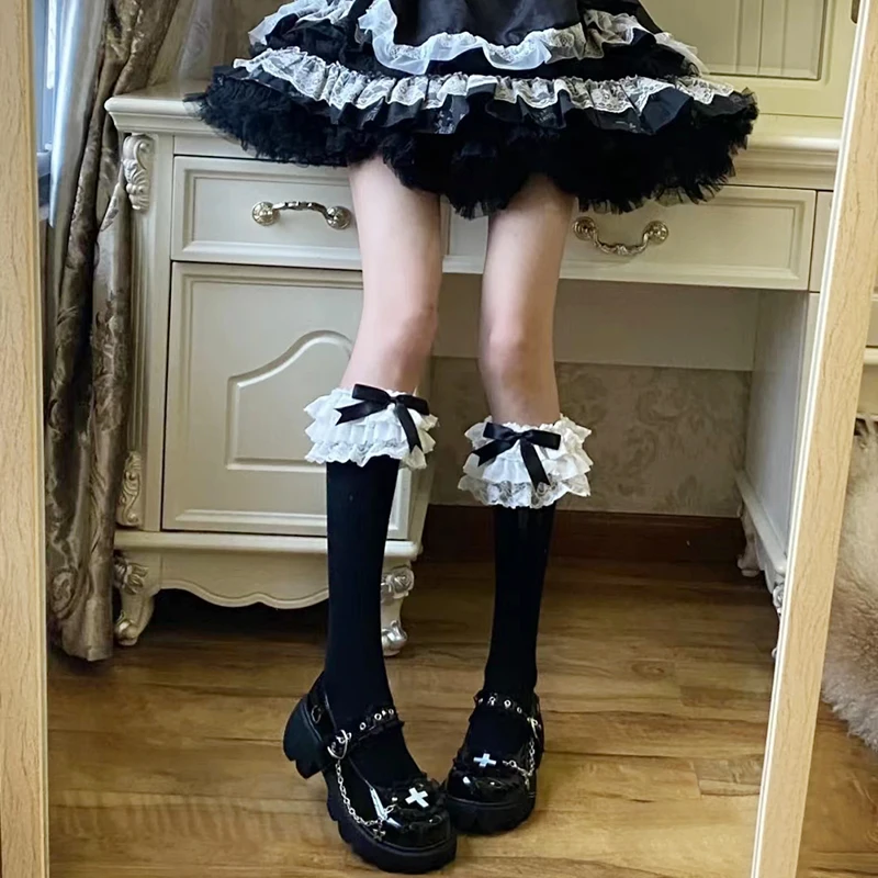 JK Lolita Women Stockings Y2k Girls Ruffle Long Socks Stockings Japanese Style Kawaii Bowknot Cute Lacework Knee Socks Stockings