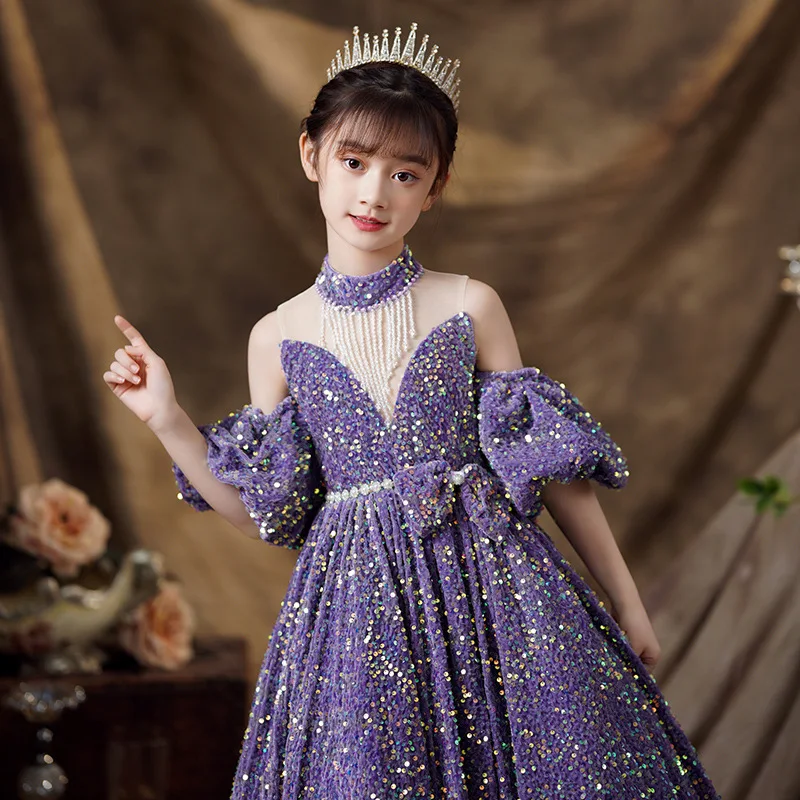 Children Ball Gown 2023 New Sequins Wedding Flower Girls Dress Luxury Off Shoulder Kids Piano Costume Birthday Party Dress