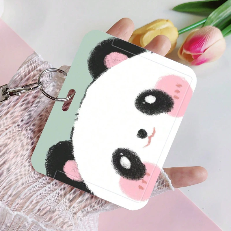 School Campus Card Sleeve with Retractable Elastic Cord, Suitable for Meal Card, Bus/Subway Card ,Work Cards, Cartoon Panda