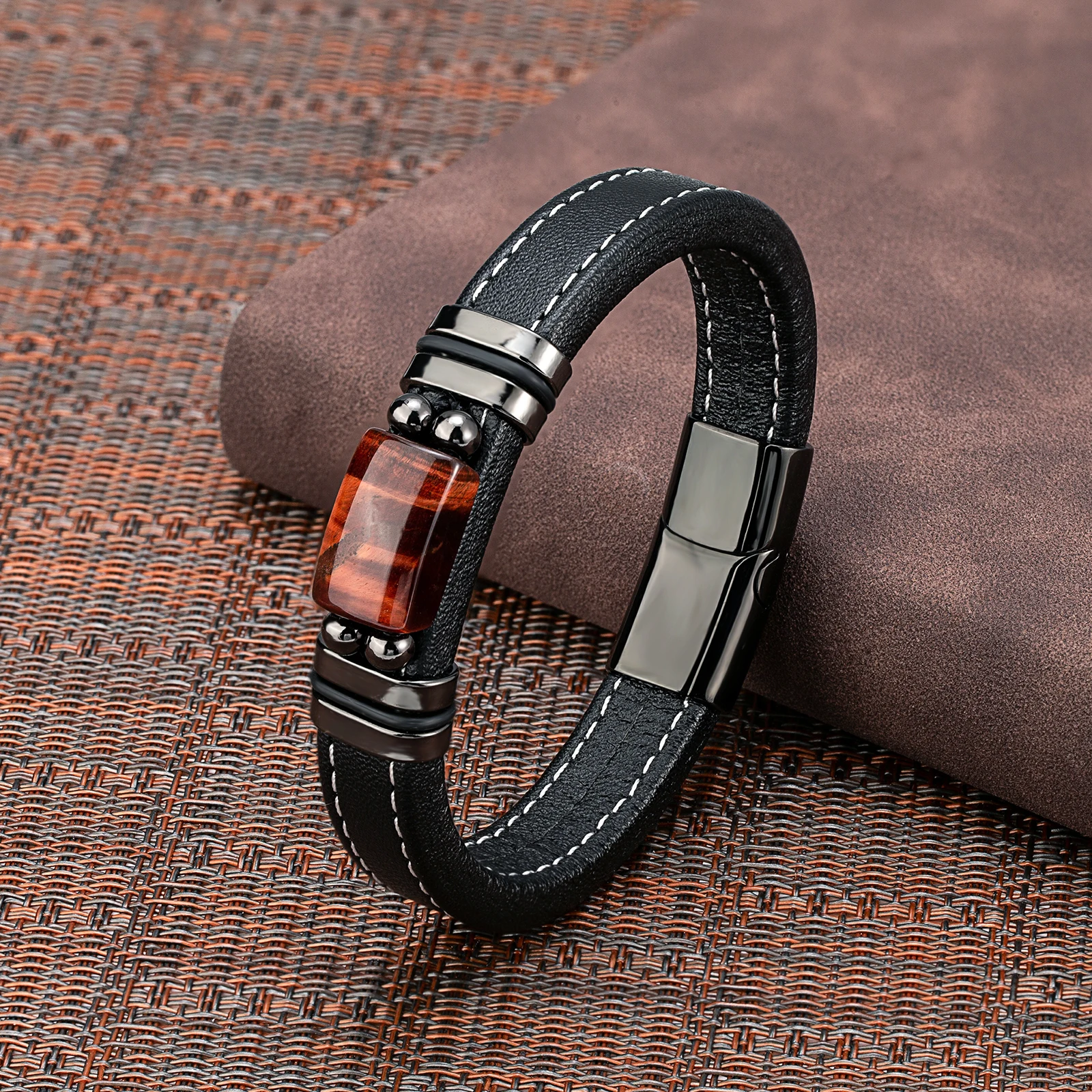 New Vintage Wind Large Semicircle Natural Tiger Eye Stainless Steel Casual Collocation Black Wide Leather Rope Men\'s Bracelet