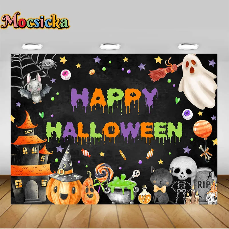 Happy Halloween Birthday Party Backdrop Pumpkin Magic Hat Ghost Photography Background Halloween Dressup Party Event Decor