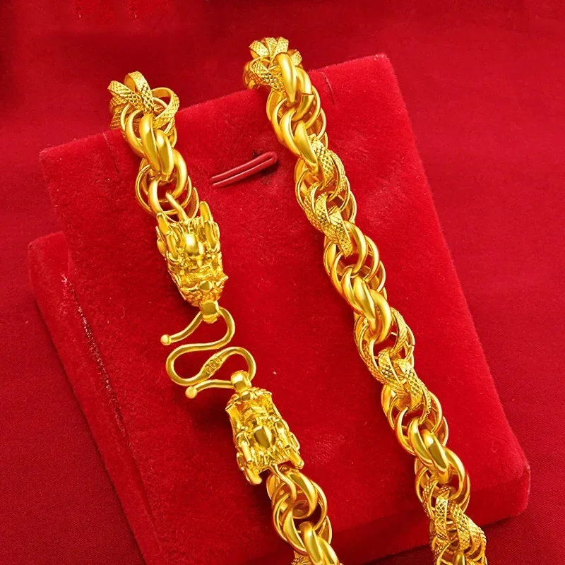 9999 24K real gold dragon pattern bracelet domineering double dragon head Fried Dough Twists bracelet gold bracelet