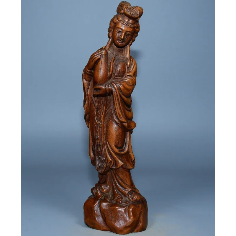 

7.8" Collect Chinese Box-wood Carving Beautiful Woman Hold Teapot Stand Statue Craft Gift Decoration Home Decore