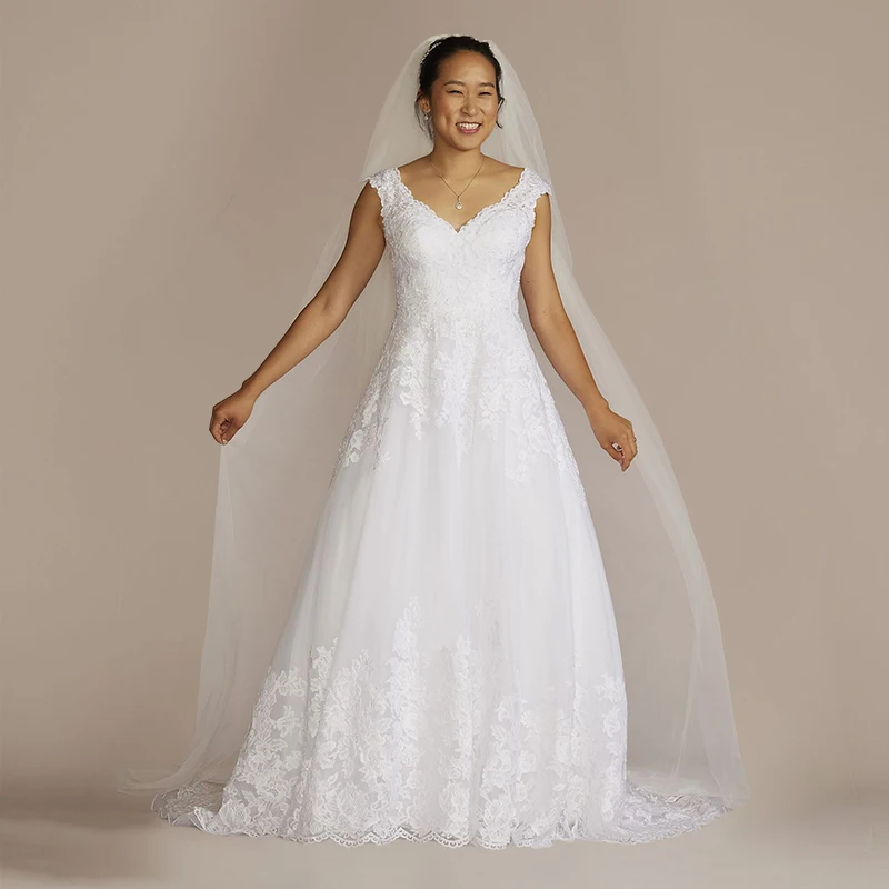 Elegantes vestidos de casamento recortados, graciosos vestidos de noiva, apliques de renda, botão Ilusão Voltar com Trem