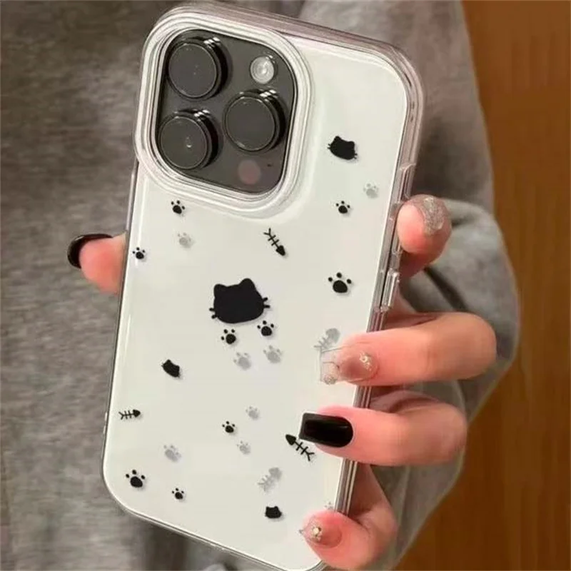

Crystal transparent white light painted fish bone cat paw phone case for iPhone 11 12 13 14 15 16 17 PROMAX