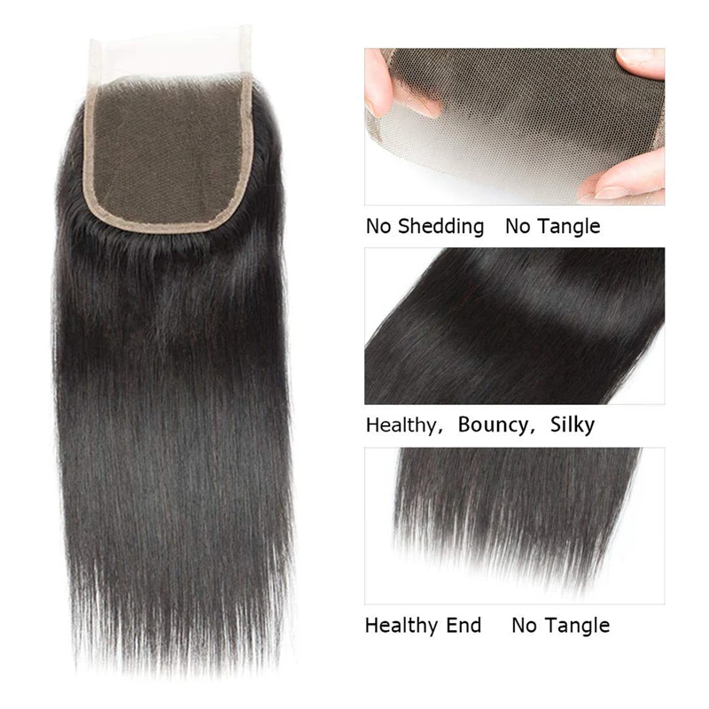 Cabelo remy indiano com fecho de renda transparente, renda suíça pré-arrancada, cor natural, cor natural, indiano, 10-20 em, 4x4