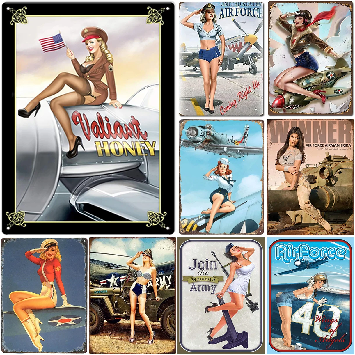 Pinup Military Girls Metal Tin Signs Vintage Plaque Plate Retro Wall Art Posters for Garage Man Cave Cafe Bars Pubs Decoration