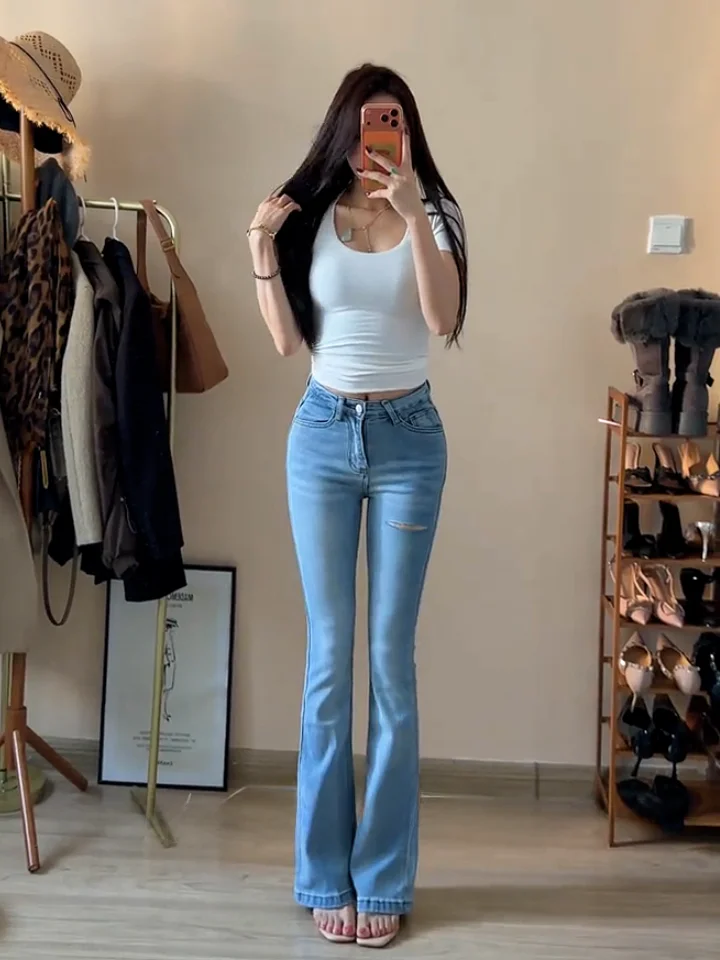 

High Waist Slimming Denim Capri Pants Women's Spring Summer New Style Bell Bottom Pockets High Elastic Cotton Stretch Jeans